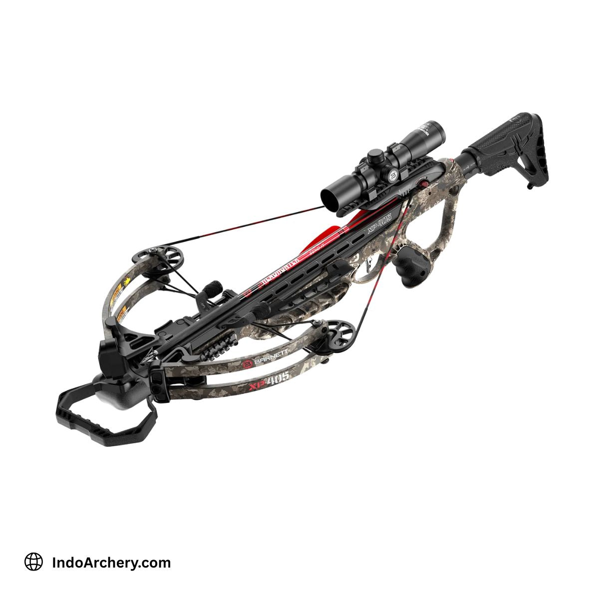 Crossbow with camouflage pattern on a white background